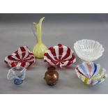 VENETIAN LATTICINO & SIMILAR GLASSWARE, 7 ITEMS - two ruby red and white bowls, 17 and 16cms across,