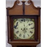 CIRCA 1840 OAK & MAHOGANY LONGCASE CLOCK, 14in square painted dial set with Roman numerals,