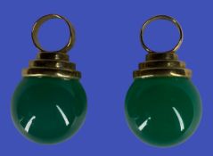 9CT GOLD ROUND CUT JADE PENDANTS, A PAIR - 7grms