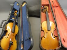 CASED VINTAGE VIOLINS (2) with bows, interior label to one reads 'Wolff Brothers Class 4 No 3733