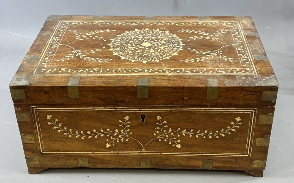 BONE INLAID TEAK JEWELLERY BOX - with brass banding, 16cms H, 38cms W, 25.5cms D