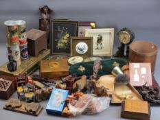 TREEN & OTHER COLLECTABLES to include a composition mantel clock, carved love spoon, figurines,