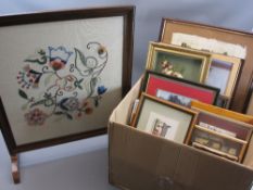 FRAMED PICTURES & PRINTS - a boxed quantity and a vintage framed needlework firescreen, 63 x 52cms