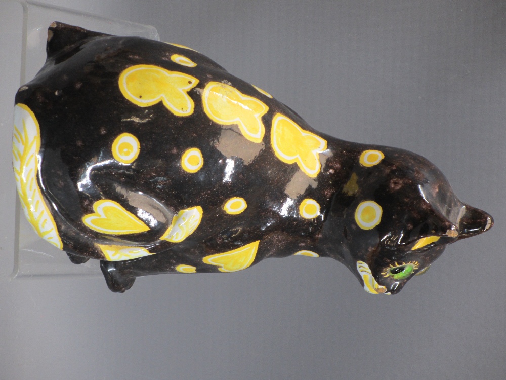 MOSANIC POTTERY CAT - in the style of Galle, mottled brown body with yellow hearts and spots and - Image 2 of 4