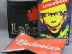 MODERN ILLUMINATED ADVERTISING SIGNS (3) for Budweiser 36 x 56cms, 'Lemon head gives good lemon'