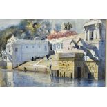 N HANUMIAH watercolour - entitled 'Mysore' - riverside scene with numerous figures on steps