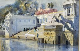 N HANUMIAH watercolour - entitled 'Mysore' - riverside scene with numerous figures on steps