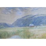 WELSH SCHOOL watercolour - possibly Conwy Valley River scene with hay makers, indistinctly signed,