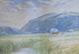 WELSH SCHOOL watercolour - possibly Conwy Valley River scene with hay makers, indistinctly signed,