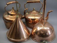 LARGE ANTIQUE COPPER FUNNELS (2) and two vintage copper kettles