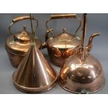 LARGE ANTIQUE COPPER FUNNELS (2) and two vintage copper kettles