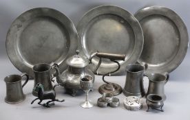 ANTIQUE & LATER PEWTER & METALWARE to include a Goffering iron stand, 3 x 34cms diameter pewter