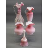 PINK SATIN GLASS VASES & JUGS along with a moulded Fenton glass bell, similarly coloured, 24 and