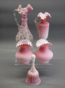 PINK SATIN GLASS VASES & JUGS along with a moulded Fenton glass bell, similarly coloured, 24 and