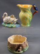 CLARICE CLIFF SWAN POSY HOLDER, Sylvac planter and a Falcon ware kingfisher jug