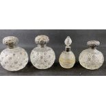 SILVER TOPPED HOBNAIL GLASS SCENT BOTTLES (3) and a further cut glass scent bottle and stopper