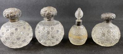 SILVER TOPPED HOBNAIL GLASS SCENT BOTTLES (3) and a further cut glass scent bottle and stopper