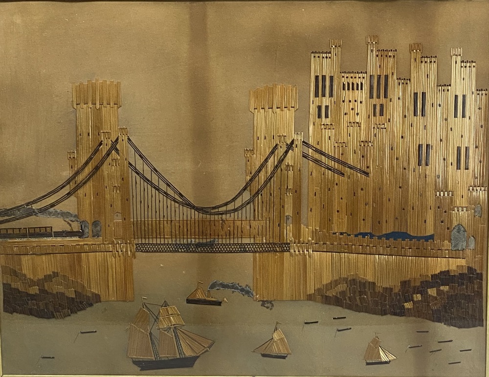 STRAW WORK - a busy scene of Conwy Castle and Suspension Bridge with steam train crossing and