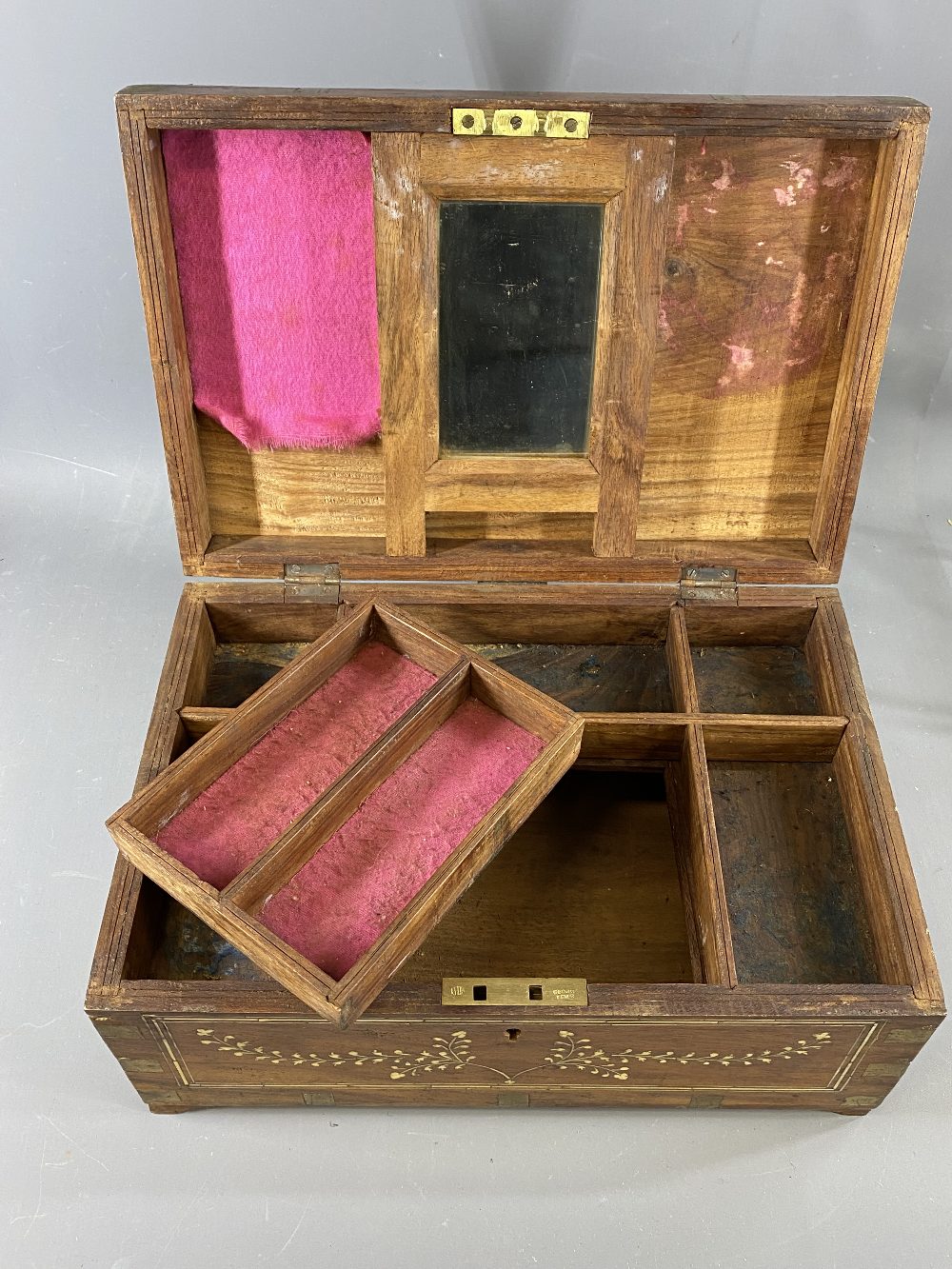 BONE INLAID TEAK JEWELLERY BOX - with brass banding, 16cms H, 38cms W, 25.5cms D - Image 2 of 2