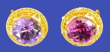 YELLOW METAL CIRCULAR CLIP-ON EARRINGS, A PAIR with purple stones, each on a diamond shape and