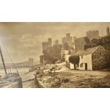 LARGE SEPIA UNFRAMED coloured print - Old Conway with Castle, Suspension Bridge and old cottages, 39