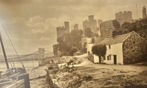 LARGE SEPIA UNFRAMED coloured print - Old Conway with Castle, Suspension Bridge and old cottages, 39