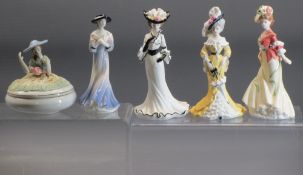COALPORT LADY FIGURINES (4) and a pin dolly trinket dish, titles to the Coalport include '