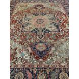 VINTAGE WOOLLEN CARPET, EASTERN STYLE - with expansive central pattern and wide bordered edge, 376 x