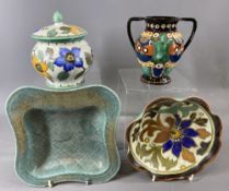 CONTINENTAL POTTERY GROUP, 4 ITEMS to include a Thune type twin-handled vase, 13.5cms H, two items