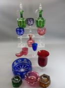 COLOURFUL GLASSWARE GROUP to include two green glass Victorian decanters with stoppers and enamel