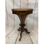 ROSEWOOD SEWING/WORKTABLE - Victorian with octagonal top and lined interior on carved tripod