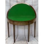 GEORGIAN INLAID MAHOGANY FOLDOVER CARD TABLE - on tapering supports having a green baize interior,