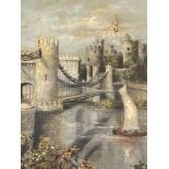 PRINTS, A LARGE PARCEL - many relating to Conwy and a pair of scenes painted on circular tin dishes,