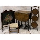 VINTAGE FURNITURE PARCEL, 4 ITEMS - a carved top barley twist oak gateleg table, 67cms H, 59cms W,