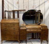 VINTAGE WALNUT BEDROOM FURNITURE, 2 ITEMS along with a non-matching mahogany 4ft 6in bed frame to