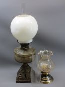 VICTORIAN CAST IRON BASED OIL LAMP and associated items