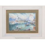 WATERCOLOUR titled - 'Venice from the entrance to the Grand Canal' indistinct artist's signature,