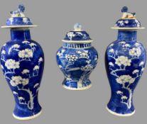 CHINESE BLUE & WHITE PRUNUS BLOSSOM JARS & COVERS (3) to include two tall examples with temple dog