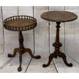 CARVED CIRCULAR TOP SIDE TABLES (2) - an inlaid mixed woods table on a carved walnut tripod base,