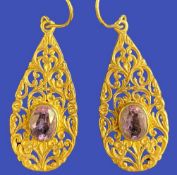 9CT GOLD PEAR SHAPED DROP EARRINGS, A PAIR - with oval purple stones and hook fittings, 5.3grms