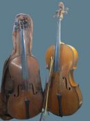 VINTAGE CELLOS (2) and four various bows, 113cm and 126cm lengths including end pin mounts, 69.5 and