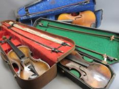 VINTAGE CASED VIOLINS (3) - no interior labels, two requiring full restoration, 2 x 59cms overall