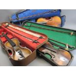 VINTAGE CASED VIOLINS (3) - no interior labels, two requiring full restoration, 2 x 59cms overall