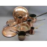 ANTIQUE & VINTAGE COPPER WARE to include skillet type pan covers, conical measures, pans, ETC