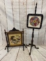 POLE SCREEN & FIRE SCREEN - the pole screen carved mahogany on tripod supports with tapestry insert,