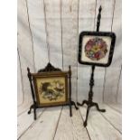 POLE SCREEN & FIRE SCREEN - the pole screen carved mahogany on tripod supports with tapestry insert,