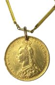 VICTORIA 1889 FULL GOLD SOVEREIGN ON A 9CT GOLD NECKLACE - (coin drilled), 11.1grms gross