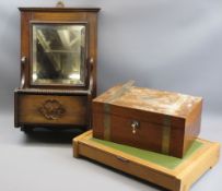 MODERN OAK WRITING BOX, Victorian brass bound walnut writing slope and a vintage oak hall mirror