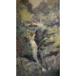 WILLIE STEPHENSON watercolour - waterfall gorge with bridge, signed and entitled original label