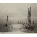 WILLIAM LIONEL WYLLIE etching - yachts at sunset with a three master in the background, signed, 20 x